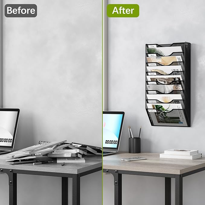 EasyPAG 8 Pocket Mesh Wall File Organizer, Hanging Paper Folder Holder with Classify Label, Vertical Wall Mount Mail Organizer for Office Home Classroom, Black