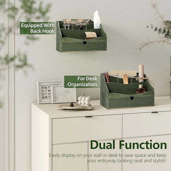 Rebee Vision Pine Wood Mail Organizer for Desk - Charming Farmhouse Mail Holder Organization with Drawer & Dividers - 4-Slot for File & Jewelry Sorter, Mail Organizer Countertop for Home Decor(Green)