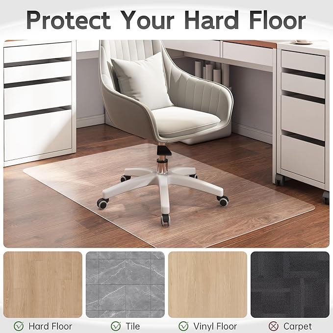 HOMEK Office Chair Mat for Hardwood Floor, 72" x 46" Clear Computer/Desk Chair Mat for Hard Floor, Thicker, Easy Glide, Non-Slip, Protects Hard Surfaces from Scratches, Ideal for Home or Office