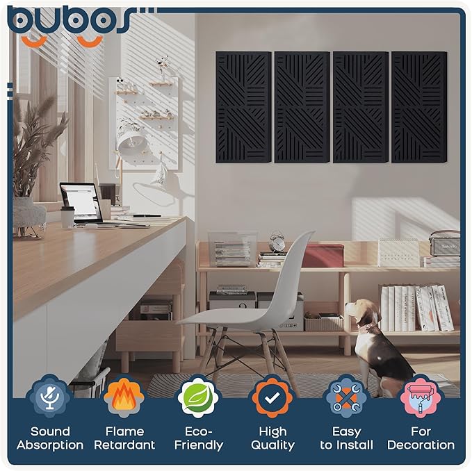BUBOS 4 PACK Thickened Acoustic Panels, 23.6''x11.8'' Self-Adhesive Sound Absorbing Cavity Acoustic Wall Panels for Theater Studio Room Recording Room Gaming Room Meeting Rooms,VortexCore Black