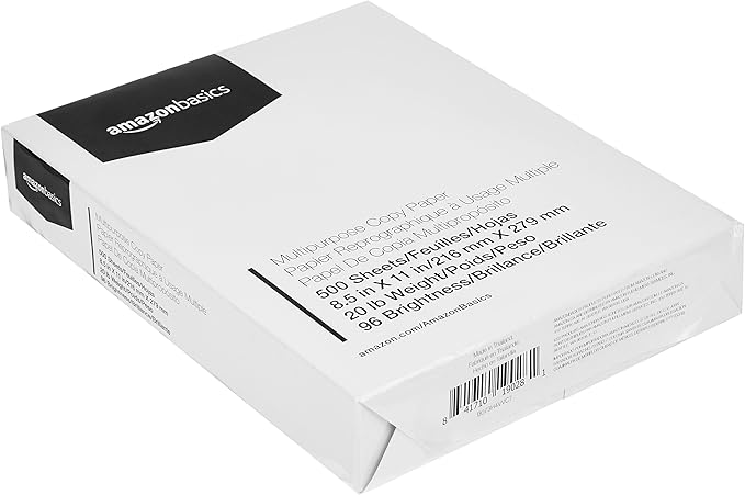 Amazon Basics Multipurpose Copy Printer Paper, 8.5 x 11 Inches, 20 lb, 1 Ream, (500 Sheets), 96 Bright, White