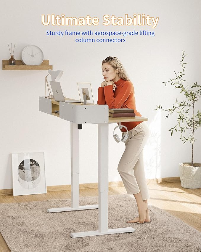 YIHAYO Electric Standing Desk with Drawers, 48 x 24 Inches Adjustable Desk with Storage Shelf, Stand Up Desk with Splice Board, Computer Table for Home Office, White Frame/Natural Top