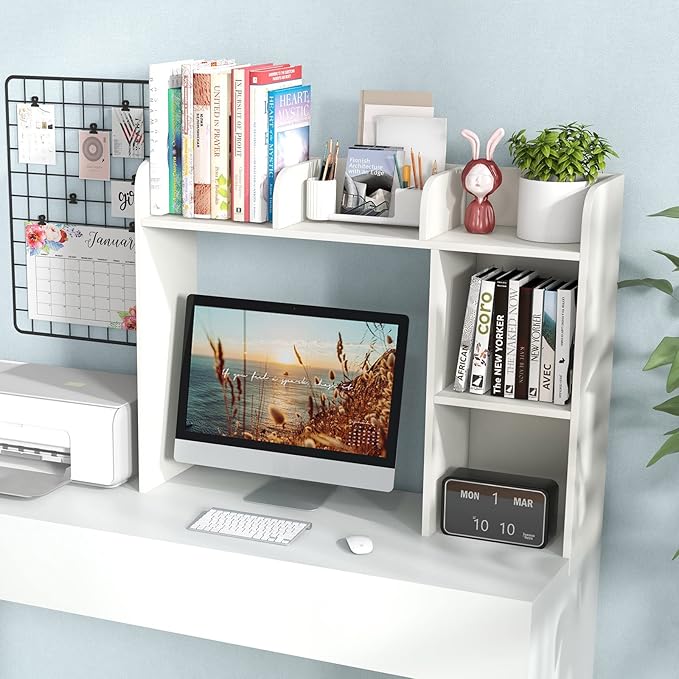 Tangkula Desktop Bookshelf, Countertop Storage Hutch with 5 Shelves for Computer Desk, Desk 3-Tier Display Rack, Multipurpose Wood Desktop Hutch Storage Organizer for Dorm Office Home