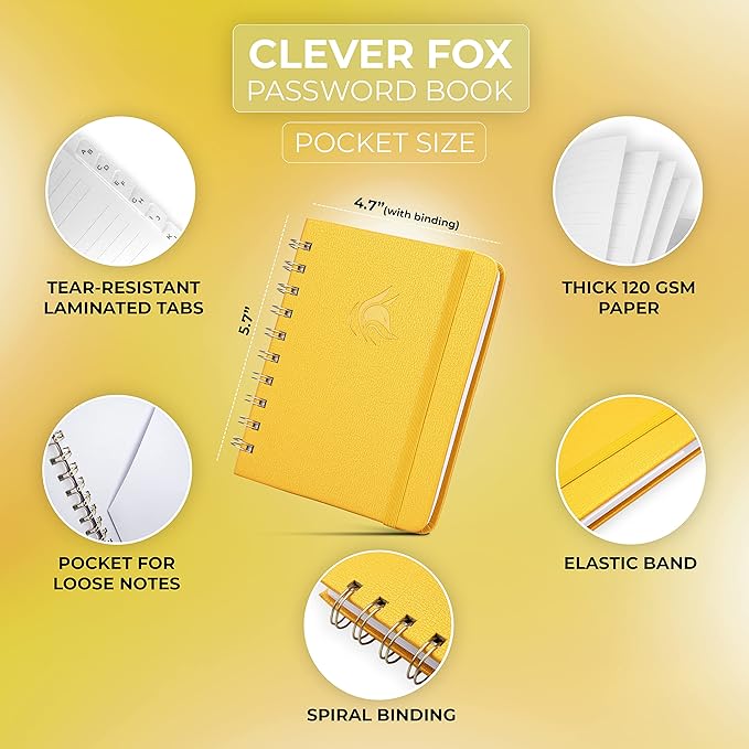 Clever Fox Password Book Spiral – Mini Internet Address & Password Organizer with Laminated Alphabetical Tabs – Small Password Keeper Journal – Hardcover, Pocket Size, 4.7x5.7” (Amber Yellow)