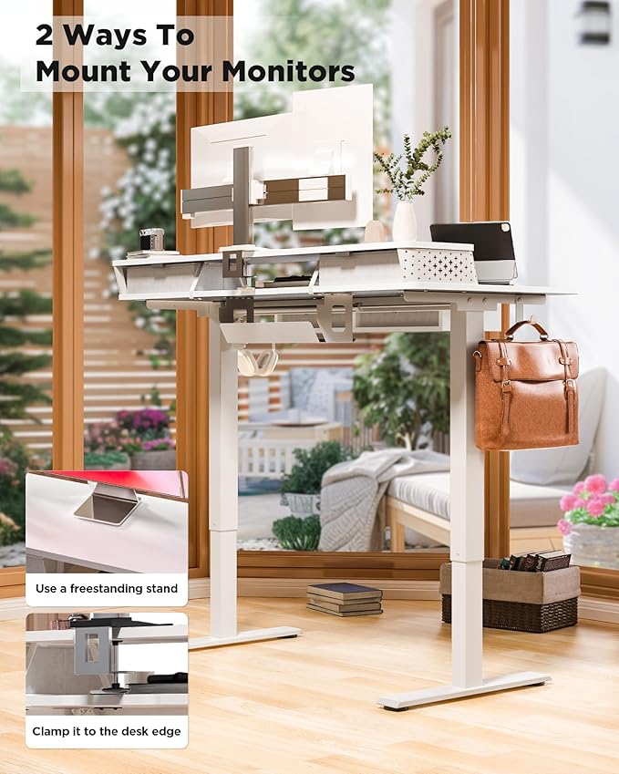 FiCiHi Electric Standing Desk with Four Drawers, Adjustable Height Sit Stand Desk, C-Clamp Compatible Home Office Desk with Storage Shelf & Monitor Stand Riser, 48 x 24 Inch, White