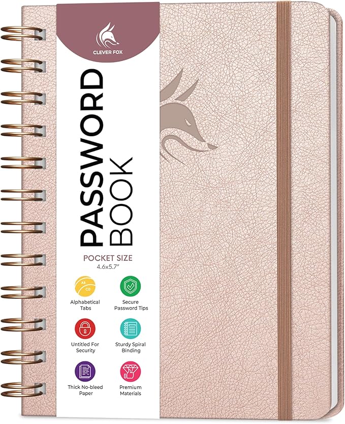 Clever Fox Password Book Spiral – Mini Internet Address & Password Organizer with Laminated Alphabetical Tabs – Small Password Keeper Journal – Hardcover, Pocket Size, 4.7x5.7” (Rose Gold)