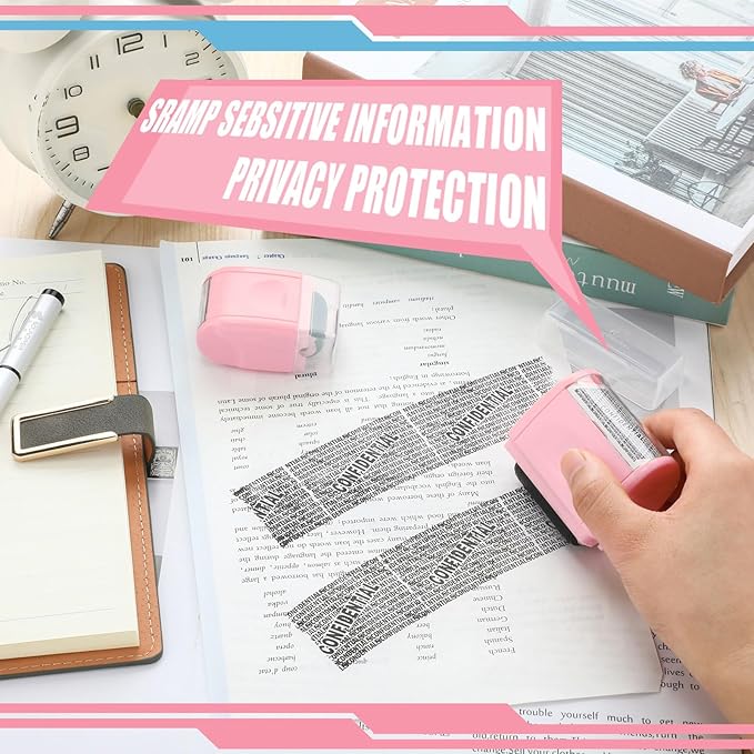 Nezyo 2 Pack Identity Protection Roller Stamp Identity Theft, Confidential, Privacy Roller Stamp Information Blocker and 4 Pack Refill Ink for ID Account Data Address Security (Pink)
