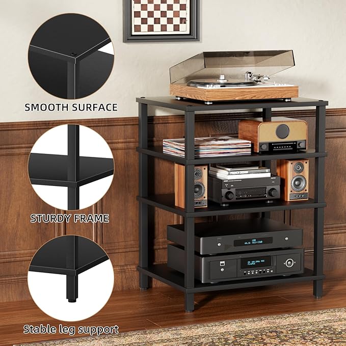 LELELINKY 4-Tier AV Media Player Stand Set of 2, Black Stereo Cabinet, Wooden TV Stand,Game Console Shelf, Multifunctional Entertainment Center, Suitable for Home, Conference Room, Game Studio