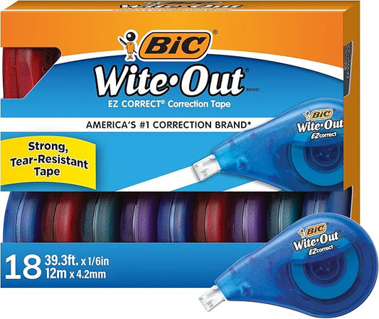 BIC Wite-Out EZ Correct Correction Tape, Tear-Resistant and No Dry Time, 18-Count Pack in White