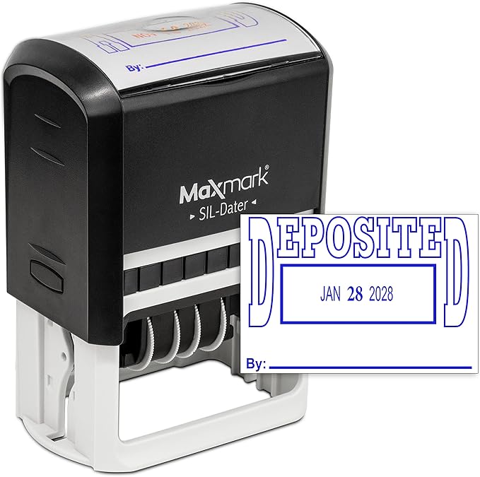 MaxMark Large Self-Inking Rubber Date Office Stamp with Deposited Phrase & Date - Blue Ink, 12-Year Band - Style 5