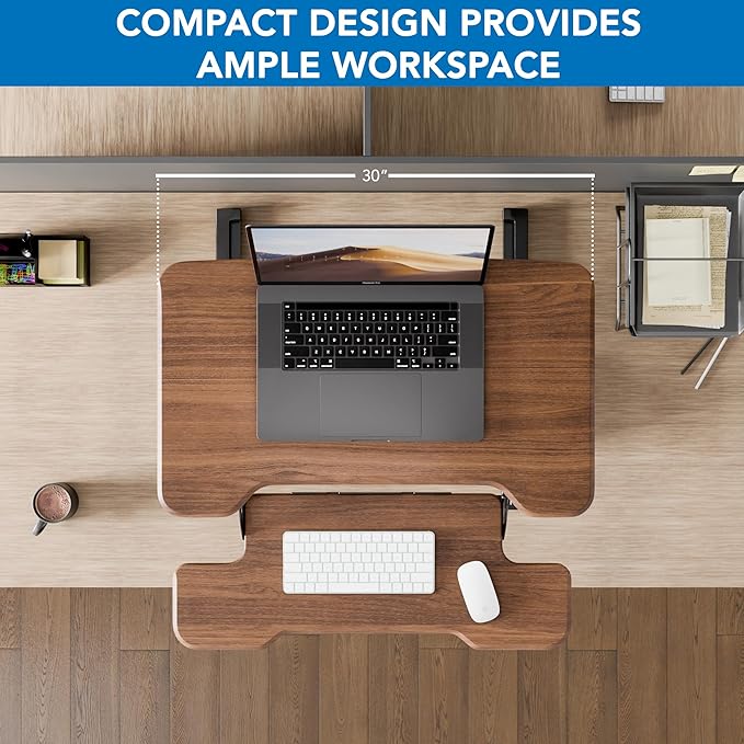 Mount-It! Height Adjustable Standing Desk Converter, Compact 30” Wide Tabletop Standing Desk Riser with Gas Spring, Desktop Stand Up Workstation with Keyboard Tray Fits Monitor or Laptop, Dark Walnut