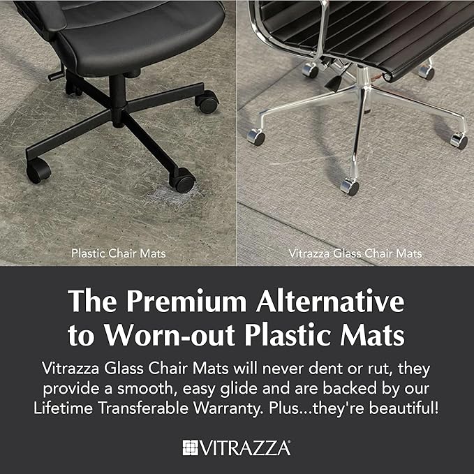 Vitrazza Glass Chair Mat 36” x 48” Superior ¼ Thick, Chiaro Standard Clear, Certified Tempered Safety Glass, Delivers a Smooth Glide, Protects Carpet or Wood, Beautiful in Home or Office.