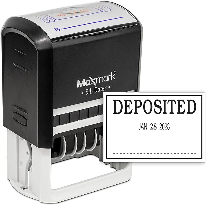 MaxMark Large Self-Inking Rubber Date Office Stamp with Deposited Phrase & Date - Black Ink, 12-Year Band - Style 3