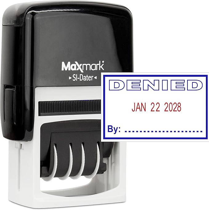 MaxMark Office Self Inking Date Stamp with Phrase Denied - 2 Color Blue/Red Ink