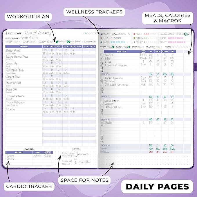 Clever Fox Fitness & Food Journal PRO – Daily Workout & Meal Planner for Women & Men – Exercise & Weight Loss Diary Notebook, 7.3x10.4” (Purple)