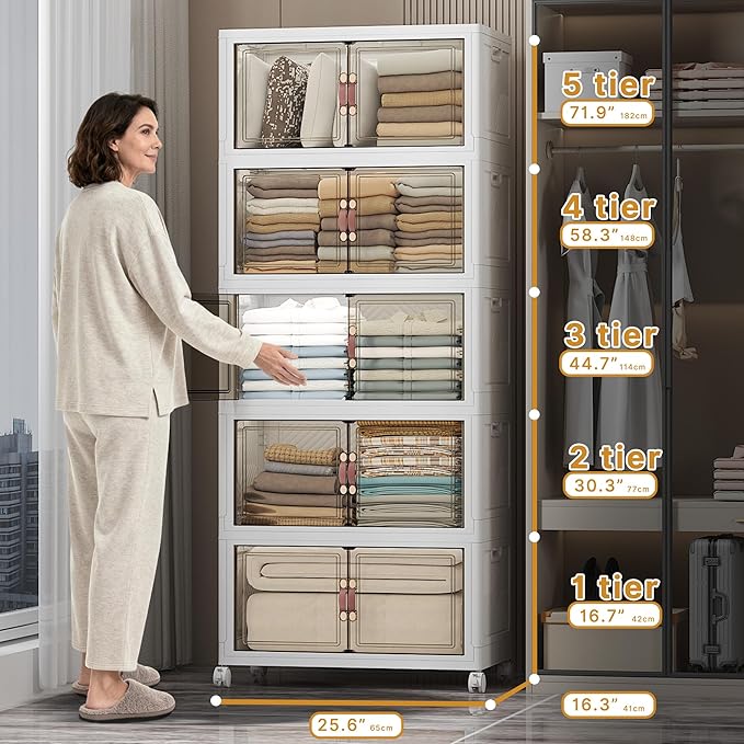 UAMFURI Extra Large Stackable Storage Bins with Lids & Wheels & Door, 560QT-112QT/28GAL*5Pack Foldable Collapsible Closet Organizers, Plastic containers drawers for bedroom Dorm