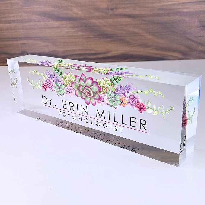 Artblox Office Desk Name Plate Personalized | Custom Name Plates for Desks | Succulents Design On Clear Acrylic Glass | Office Desk Decor - (8" x 2.5")