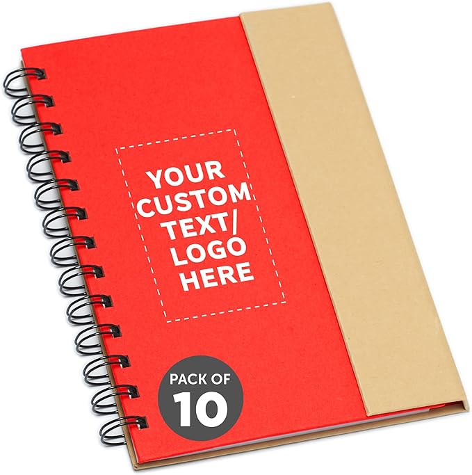 DISCOUNT PROMOS Custom Eco Friendly Spiral Notebooks with Pens Set of 10, Personalized Bulk Pack - Perfect for School, Office, Home - Red