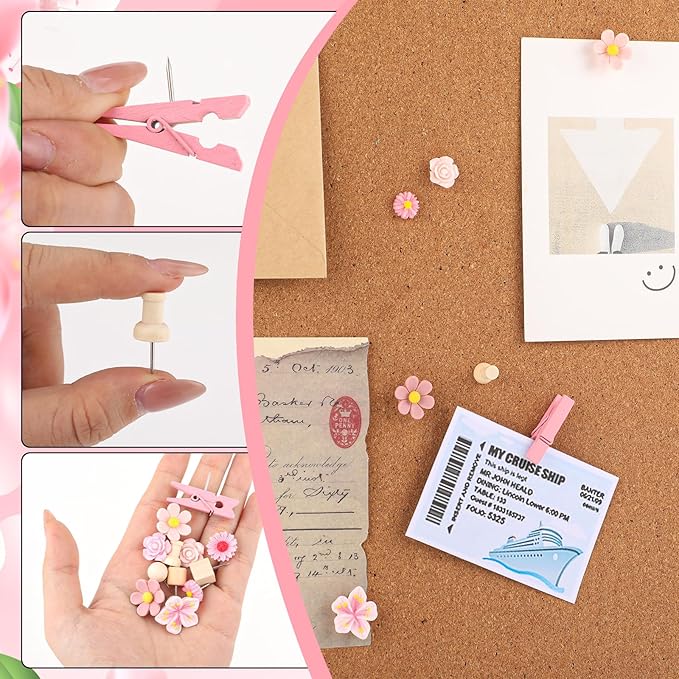 78 Pieces Push Pins Set Cute Thumb Tacks Decorative Flower Push Pins for Wall Cork Board Bulletin Boards with Storage Box（Pink Style）