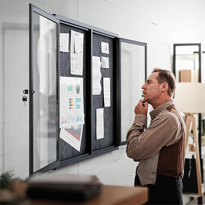 48"x36" Lockable Enclosed Bulletin Board, Outdoor Flet Weather-Resistant Aluminum Frame Notice Board, Wall Mounted Display Case Acrylic Doors for School,Office,Black Frame w/Grey Flet