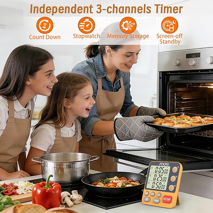 FCXJTU Digital Dual Triple Kitchen Timer, 3-Channel Magnetic Countdown Timer for Cooking, Large Display Stopwatch Multi Food Classroom Timer Loud Alarm for Seniors Teachers Battery Included (Orange)