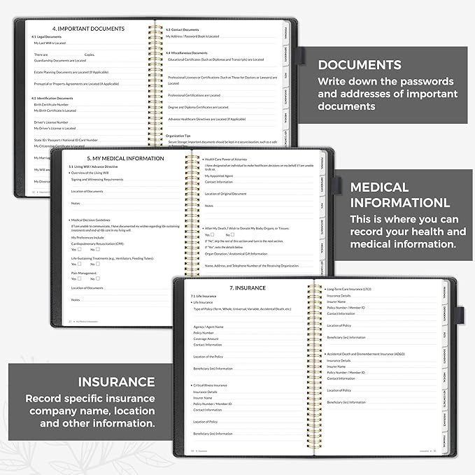 SUNEE End of Life Planner - I‘m Dead Now What Planner, Large Print Spiral-Bound Estate Organizer with Tabs for Seniors & Family. Covers Final Wishes, Passwords & Funeral Planning.A4（9"x11.2"),Black