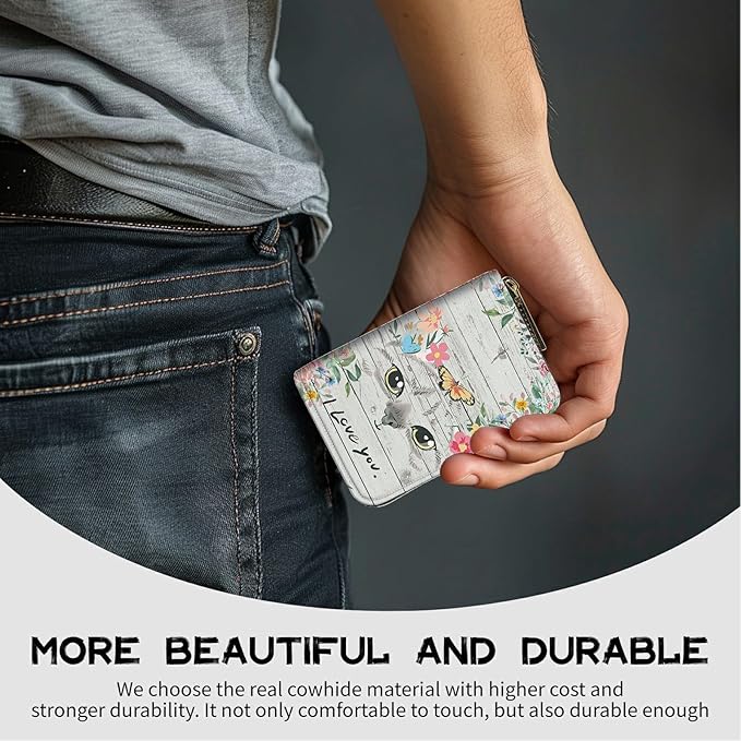 BWEGRHE Cute Credit Card Holder with Zipper, Cat Flowers RFID-Blocking Card Case Small Wallet for Women Men, Multi-slot Card Organizer Case Travel Accordion Wallet