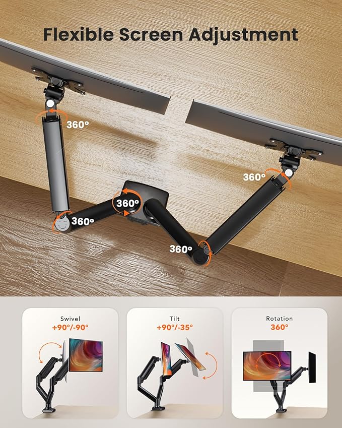 ErGear Dual Monitor Stand up to 33 inches Screen, Load-Bearing Max 22 lbs Each Arm, Adjustable Dual Monitor Mount, Sturdy Steel vesa Monitor Mount with Stable VESA 75x75 100x100mm