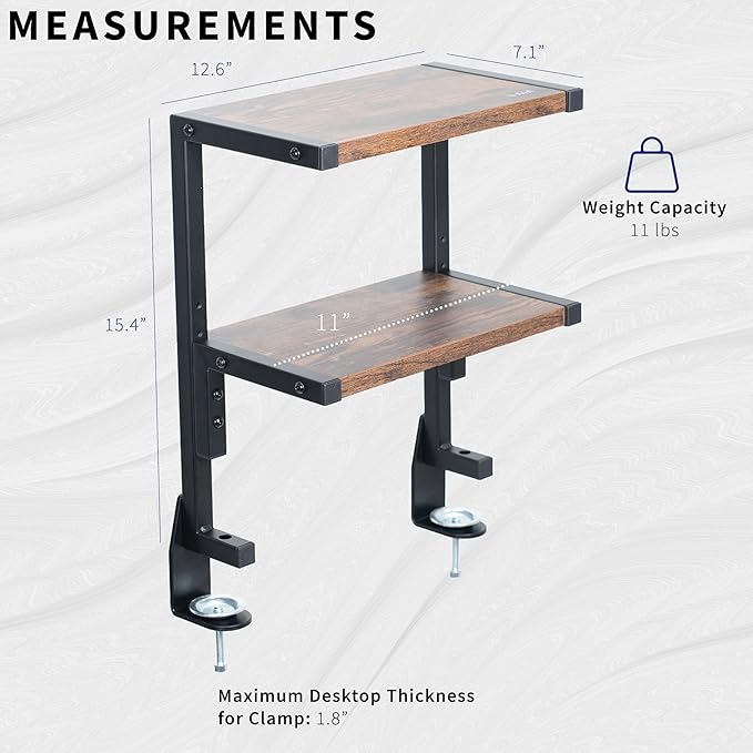 VIVO Clamp-on 13 inch Above or Below Desk 2-Tier Shelving Unit for Table Accessories, Gaming Devices, and More, Storage Tray, Desktop Organizer, Rustic Vintage Brown, STAND-SHELF2C-N