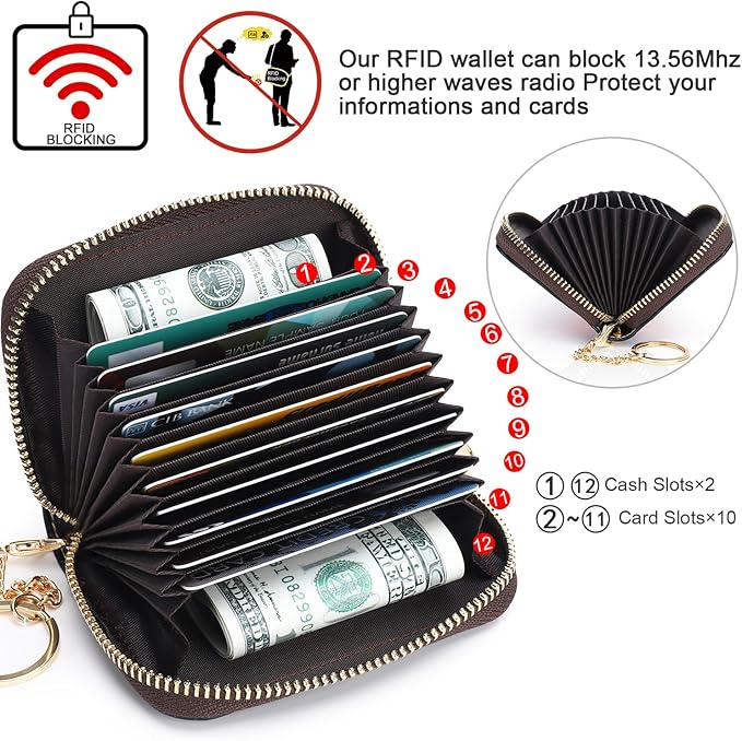 APHISON RFID Credit Card Holder Wallets for Women Leather Zipper Card Case for Ladies Keychain Wallet