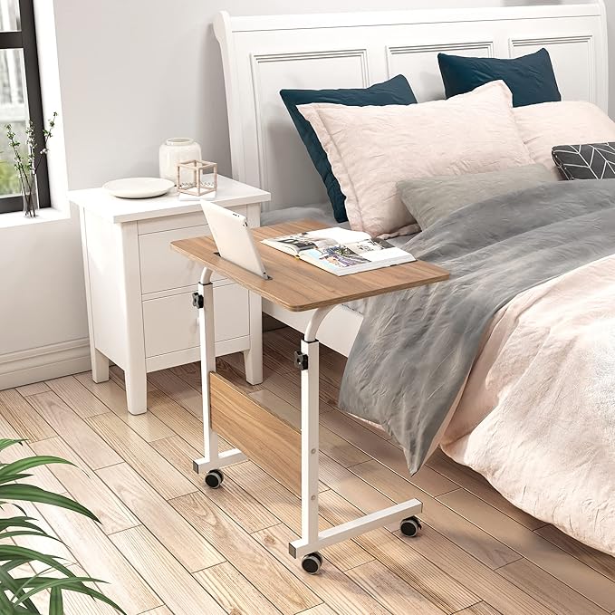 Rolling Laptop Desk Stand Up Desk Adjustable Mobile Laptop Desk, DlandHome 23.6 Inches Medium Size Side Table, Movable w/Tablet Slot & Wheels, Portable Stand for Bed Sofa Oak