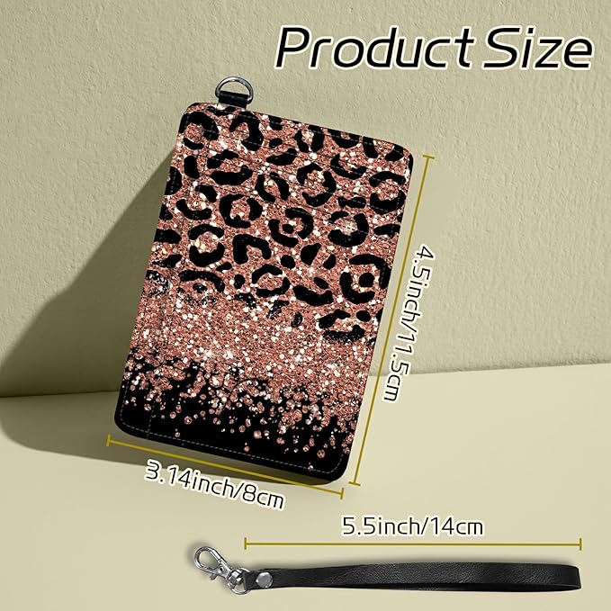 BWEGRHE Small Travel Wallets, Leopard Glitter Slim Minimalist Front Pocket Wallet with Wristlet, RFID Blocking PU Leather Credit Card Holder with ID Window Change Purse for Men Women