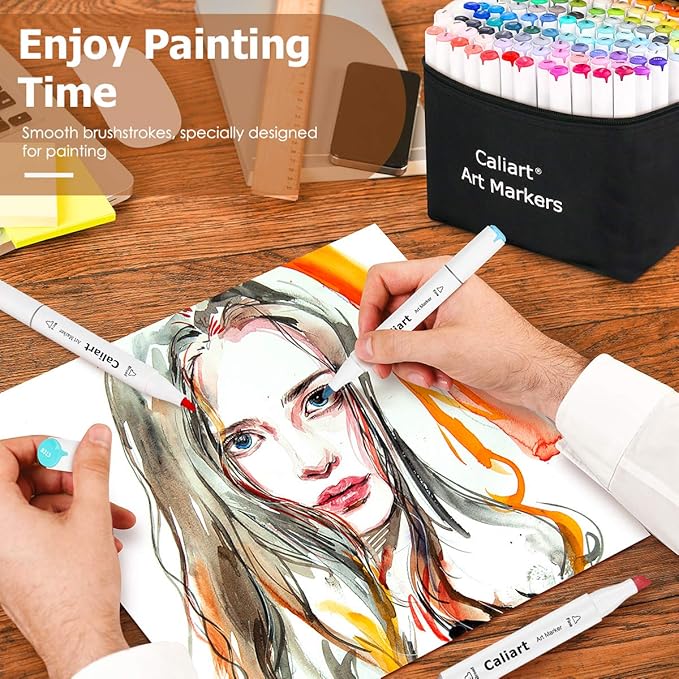 Caliart Alcohol Based Markers, 52 Colors Art Marker Set Fine & Chisel Dual Tip, Permanent Colored Pens for Adults Artists Coloring Book Illustration Sketch Lettering Drawing Cards Planner