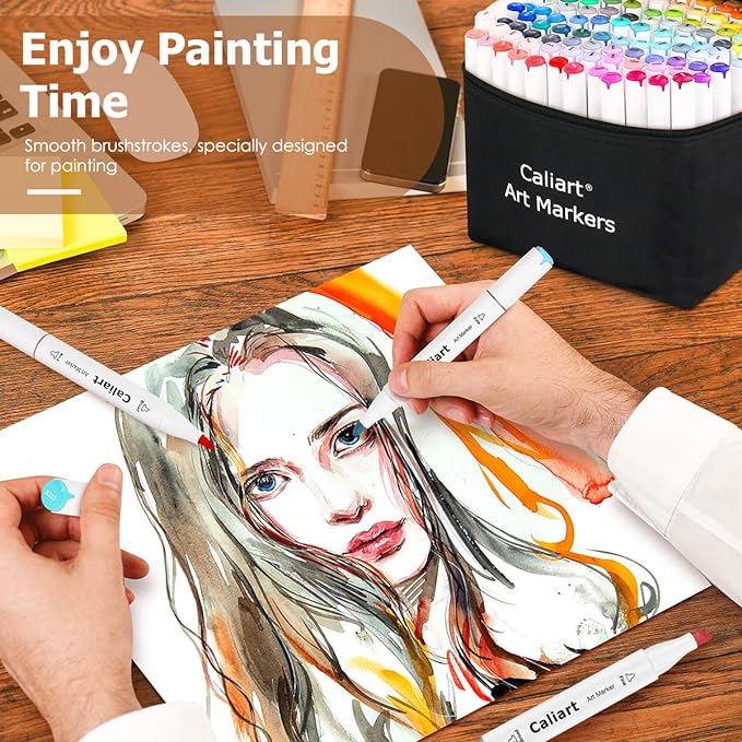 Caliart Alcohol Based Markers, 180 Colors Art Marker Set Fine & Chisel Dual Tip, Permanent Colored Pens for Adults Coloring Book Artists Illustration Sketch Drawing