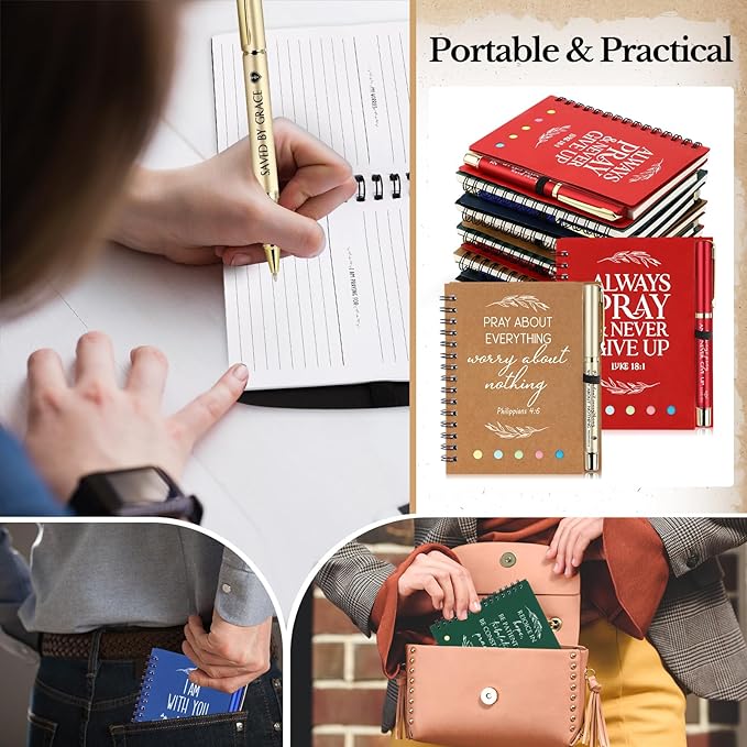 Spakon 50 Set Valentine's Day Christian Gifts Bulk Church Sticky Note Spiral Notebook Bible Verse Ballpoint Pen Prayer Journal Religious Scripture Notepad Sunday School Teacher Pastor Party Favor