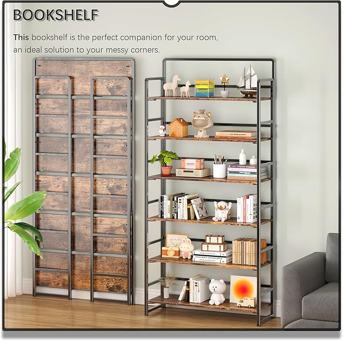 4NM No Assembly Extra Wide 6 Tiers Folding Bookshelf Storage Shelves Vintage Bookcase Standing Racks Study Organizer Home Office (Rustic Brown Black)