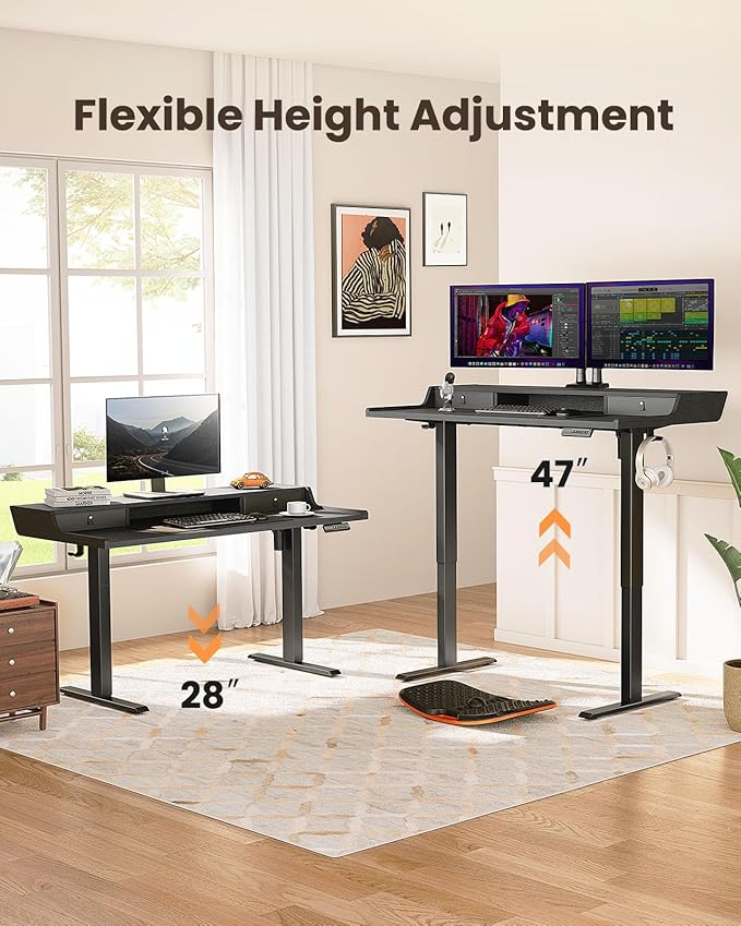 ErGear Electric Standing Desk with Drawers, 63″ x 28″ Gaming Table Compatible Monitor Stand, Stand up Desks, Home Office Height-Adjustable Desk with Storage Shelf, 4 Preset Heights, Black