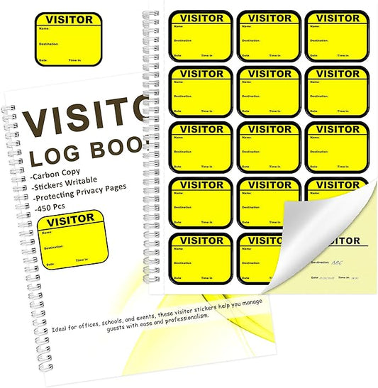 1 Pack Visitor Badges with Carbon Copy Visitor Stickers Letter Size Visitor Log Book Protecting Privacy Pages Register Book Business Guest Name tag for School Clinics Church 450 Badges 60 Memo Pages