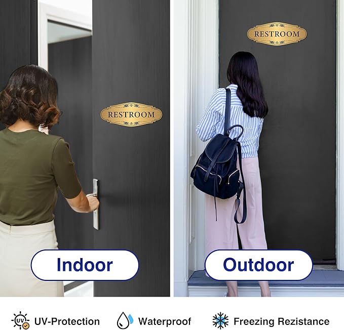 Restroom Sign Sticker for Business & Home, Self-Adhesive Brushed Gold Elegant Bathroom Signs for Door, Durable & Waterproof Unisex Restroom Signage for House toilet, Office, Store, Shop