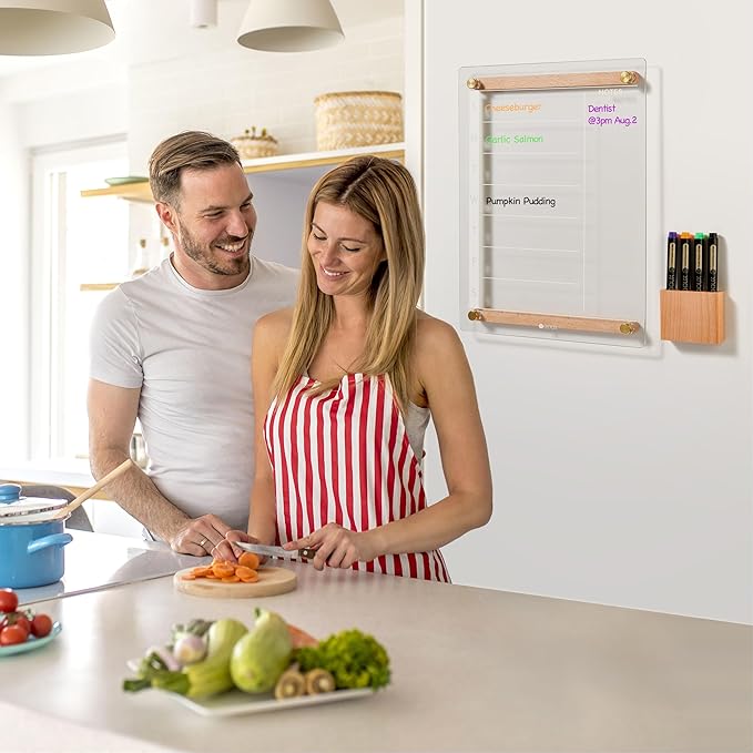 Clear Glass Weekly Dry Erase Calendar Whiteboard with Wood Decoration for Wall, Menu & Meal Planner White Board for Home Kitchen, 15x11, Wood Marker Holder and 4 Markers Included, Yeoux