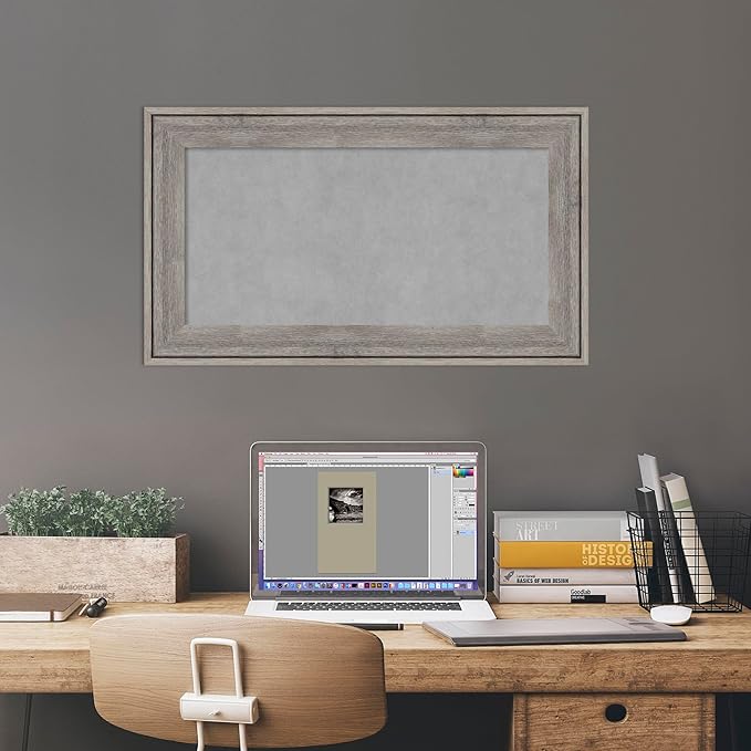 Amanti Art Grey Framed Magnetic Board 17x29 Small Vision Board for use with Magnets, 100% Metal Sheet to Display Items as Office Decor or for Home Organization in mudroom, Kitchen or Kids Room