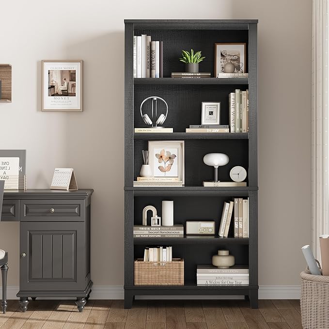 IDEALHOUSE 71" Farmhouse Bookshelf w/Adjustable Shelves & 31.5 in Whidth, 5 Tier Tall Bookshelf with Wooden Legs, Vintage Wooedn Book Shelf for Living Room Office (Black, 71.3" H x 31.5" W x 11.8" D)