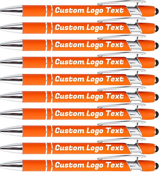 HEYZARDA Personalized Pens with Name Text Logo Custom Ballpoint Pen for Business Office Events with Stylus for Touchscreen 10 Pcs Orange