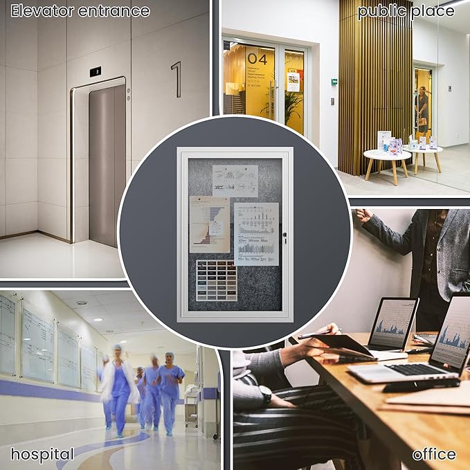 36"x24" Lockable Enclosed Bulletin Board, Outdoor Flet Weather-Resistant Aluminum Frame Notice Board, Wall Mounted Display Case Acrylic Doors for School,Office,Silver Frame w/Grey Flet