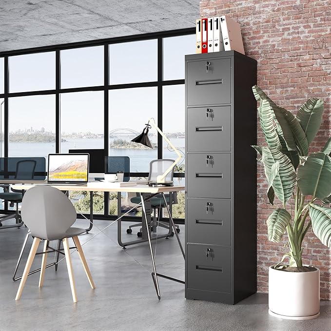 OPTYMIRA 5 Drawer Metal File Cabinet with 5 Unique Locks Black Heavy Duty Locking File Cabinets Home Office Steel Filing Cabinet Vertical File Cabinets for Legal/Letter Size File,Assembly Required