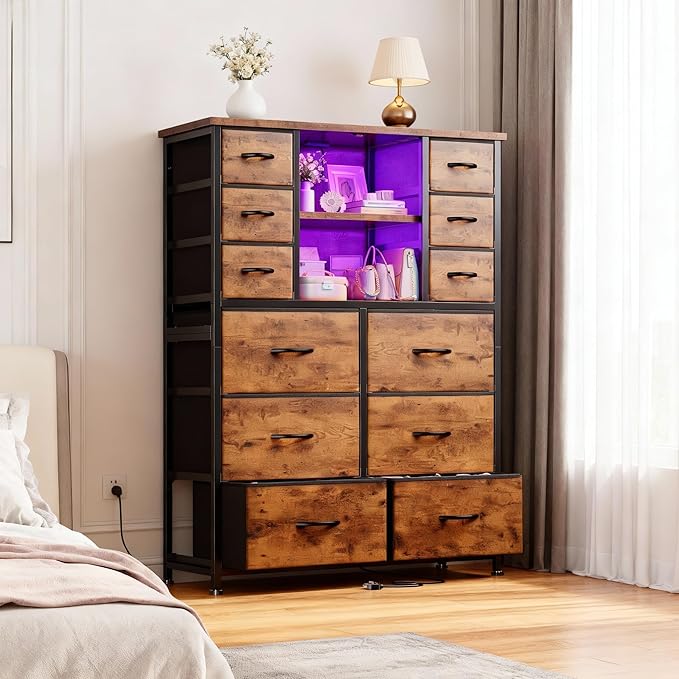 EnHomee Dresser for Bedroom with Fabric Dresser, Charging Station & LED Light, Large Chest of Drawers for Living Room, Entryway, Metal Frame, Rustic Brown, 50.6" H x 37.8" W x 11.8" D