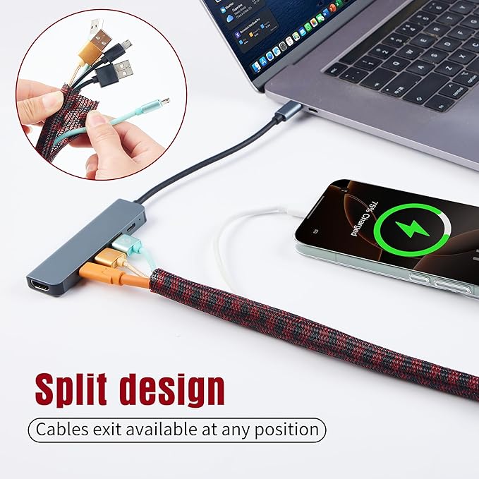 QCSIW Split Cable Sleeve, 1/2 Inch 10ft Black Red Braided Wire Loom for Home Cable Management, Pet Chew Protection and DIY Cord Organizer for Desk and Home Theater