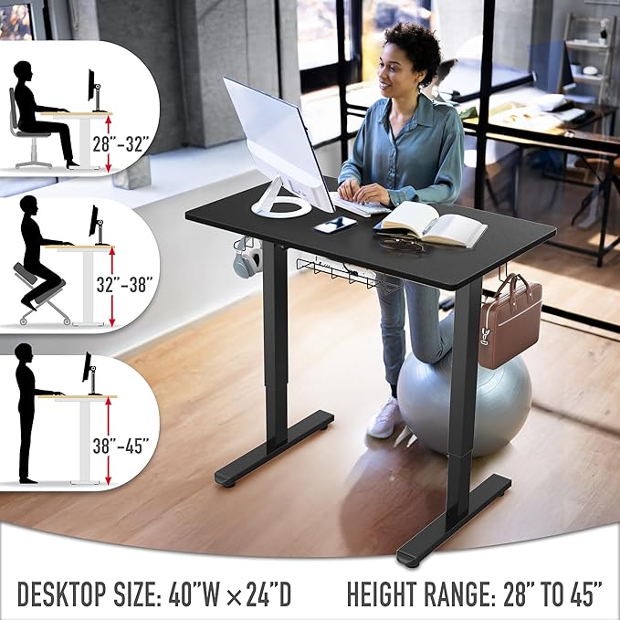 SHW 40-Inch Electric Height Adjustable Standing Desk with Drawer, Memory Preset and Cable Management Tray, Black