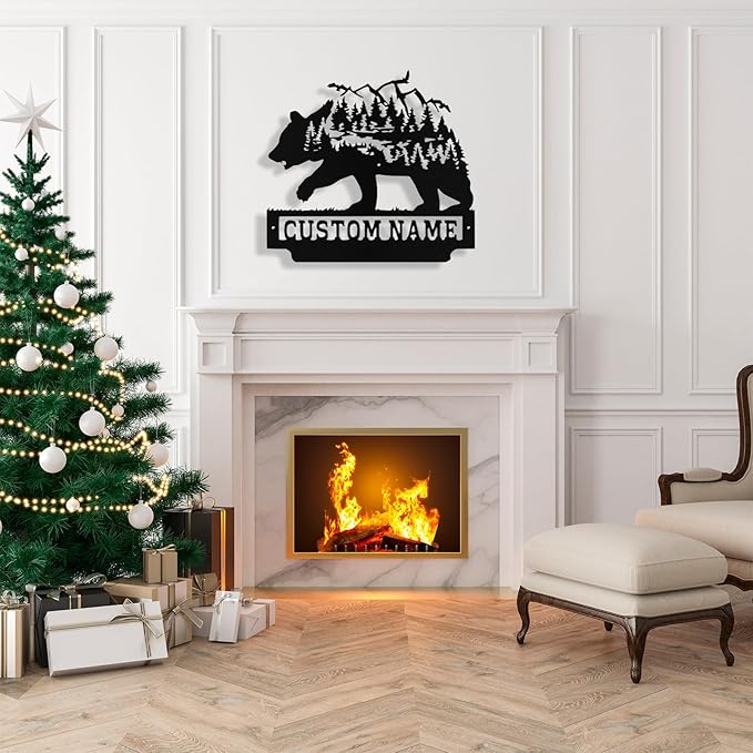 Custom Bear Metal Sign, Custom Bear Metal Wall Art Decor, Personalized Last Name Signs for Home, Rustic Farmhouse Black Wall Decor for Cabin, Bedroom, Living Room, Porch