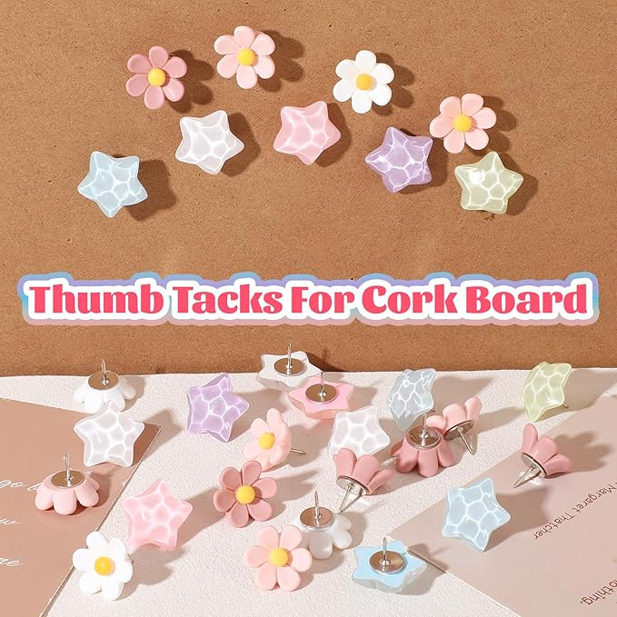 Sibba Thumb Tacks 30 PCS Colorful Cute Push Pins for Bulletin Board Star-Shaped Thumbtacks Decorative Flower Thumbtacks for Office Home and School Cork Board Cubicle Wall Accessories (Rainbow Colors)